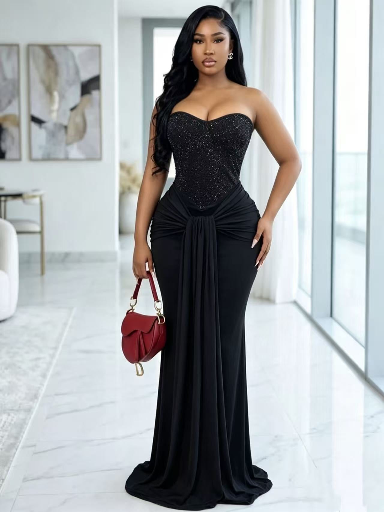 Robe longue sirène à volants