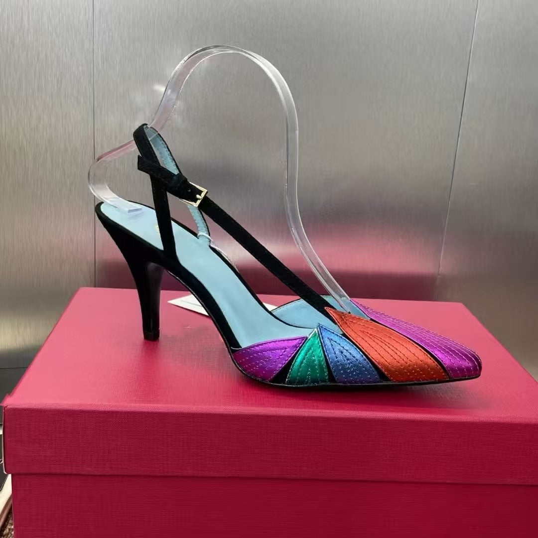 Sandales à talons aiguilles bicolores, bout pointu, style écailles de poisson