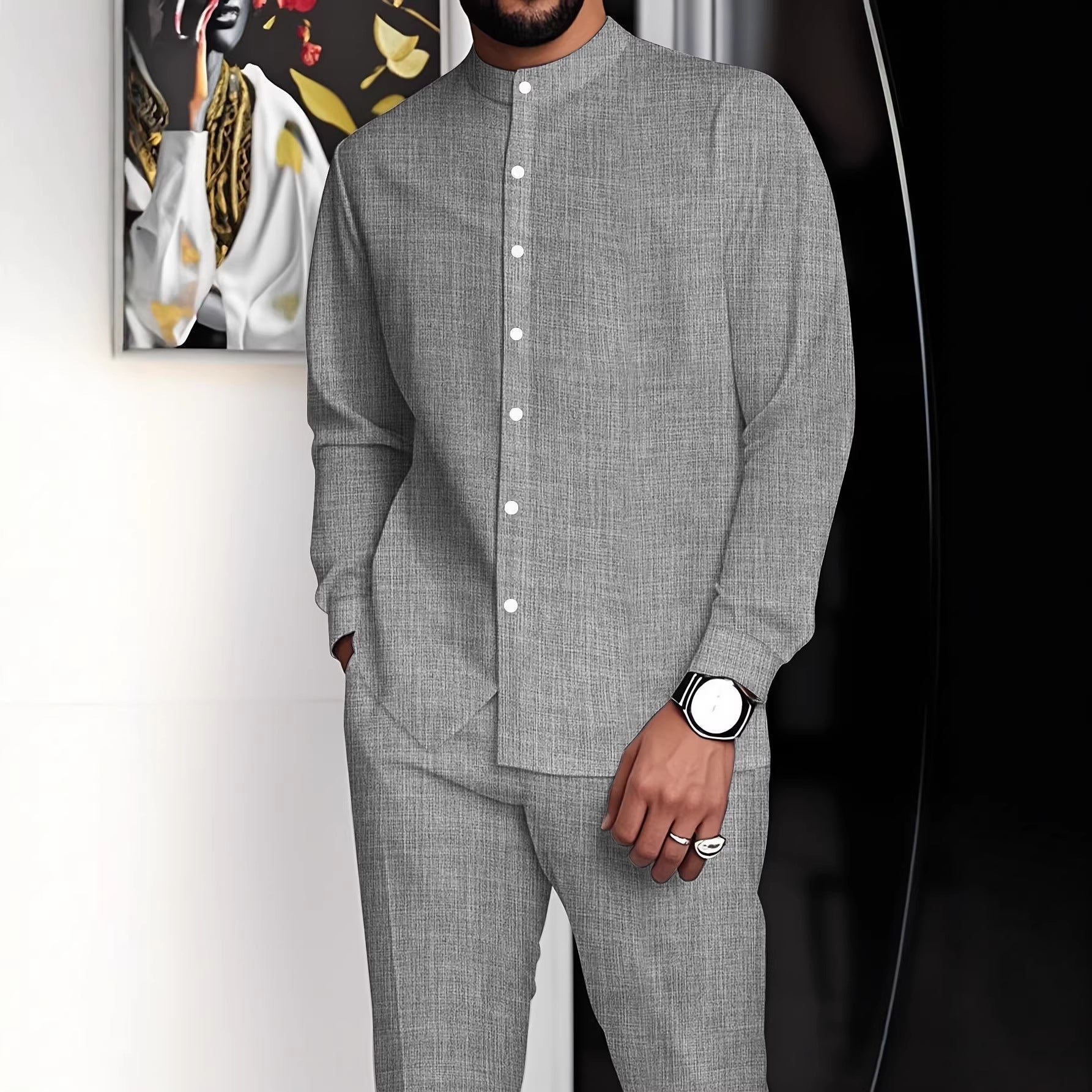 Ensemble chemise à col montant et pantalon long