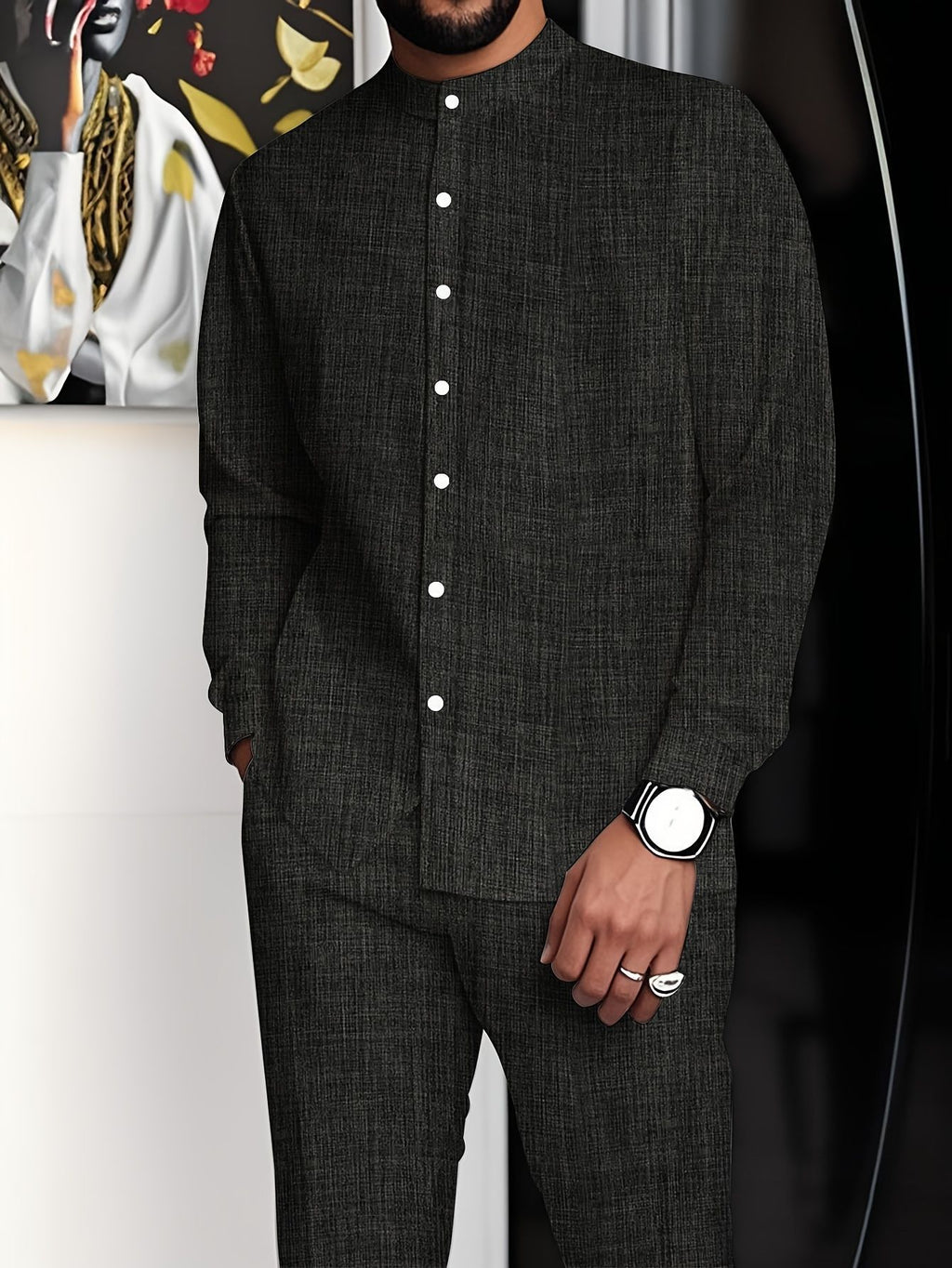Ensemble chemise à col montant et pantalon long