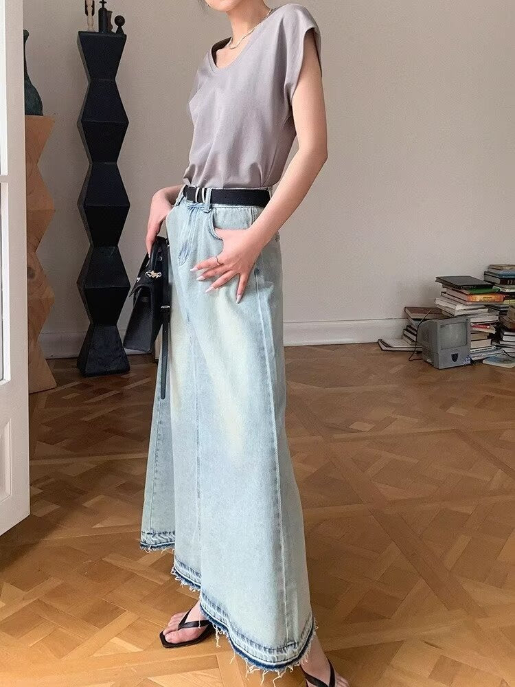 Jupe longue en jean bleu clair délavé style rétro