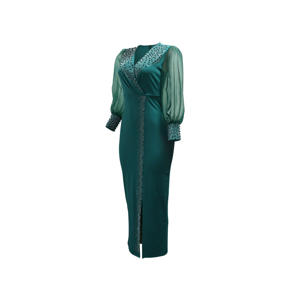 Robe longue à manches bouffantes et col en V