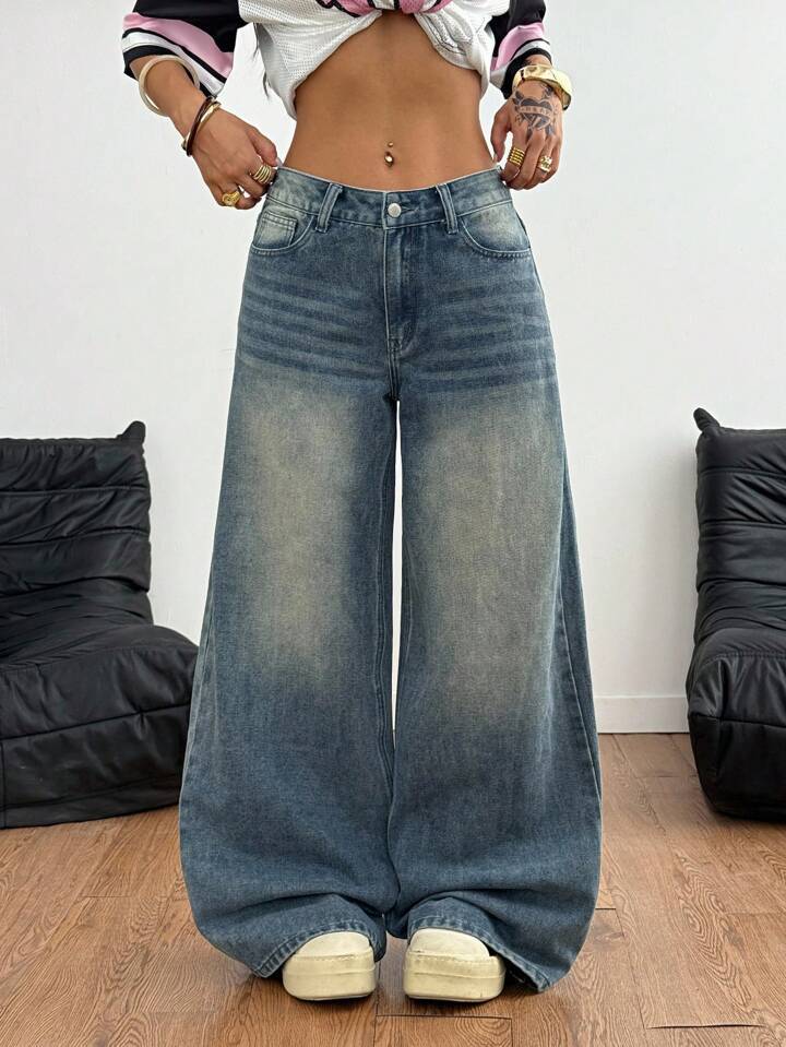 Jean bleu délavé à jambes larges, style streetwear