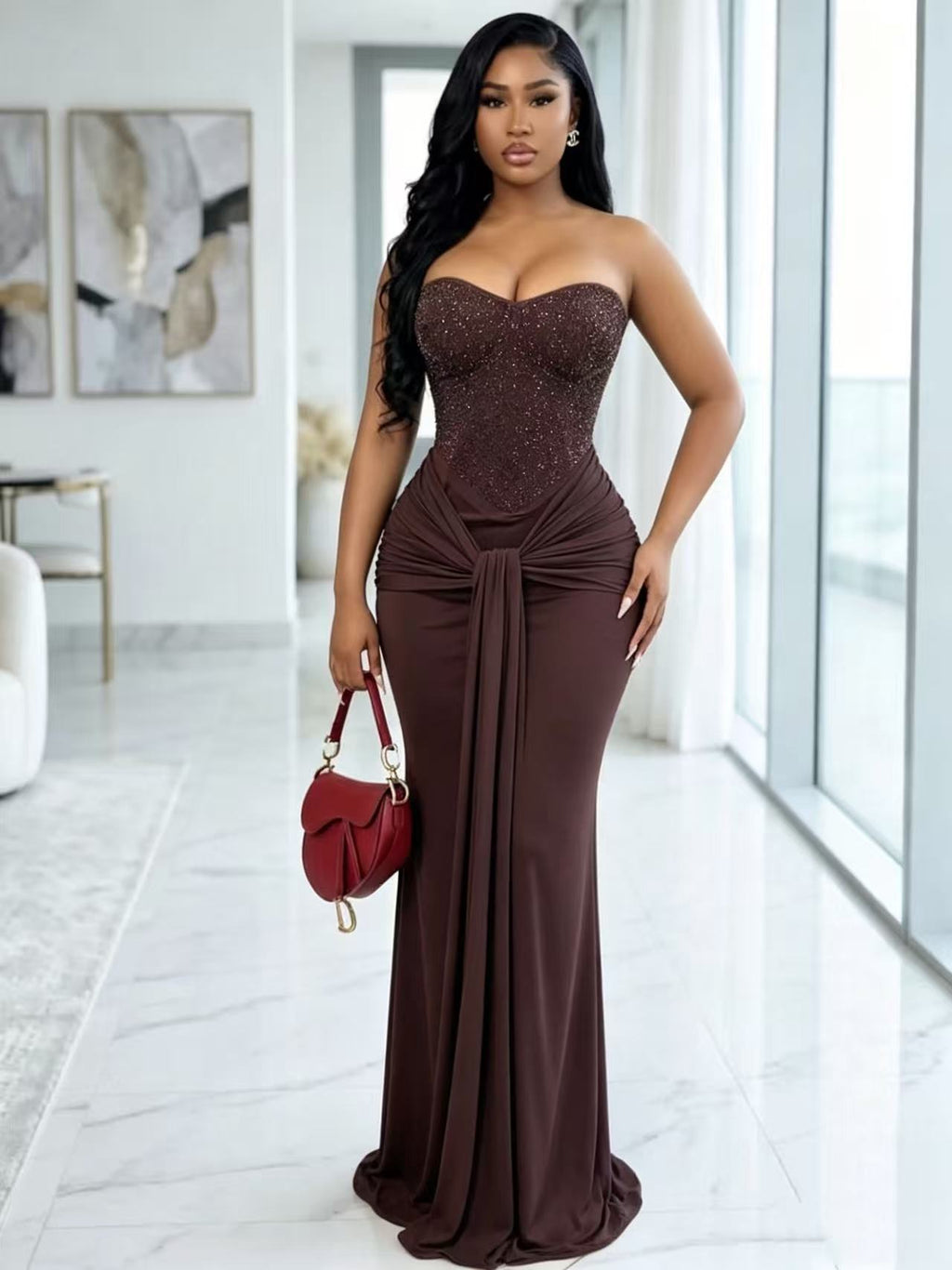 Robe longue sirène à volants