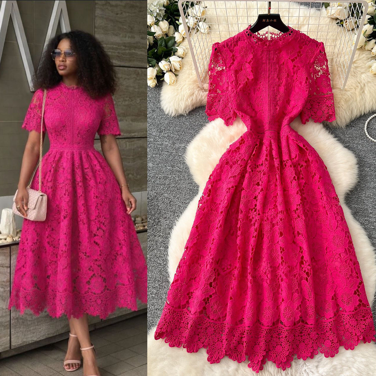 Robe longue élégante et vintage en dentelle