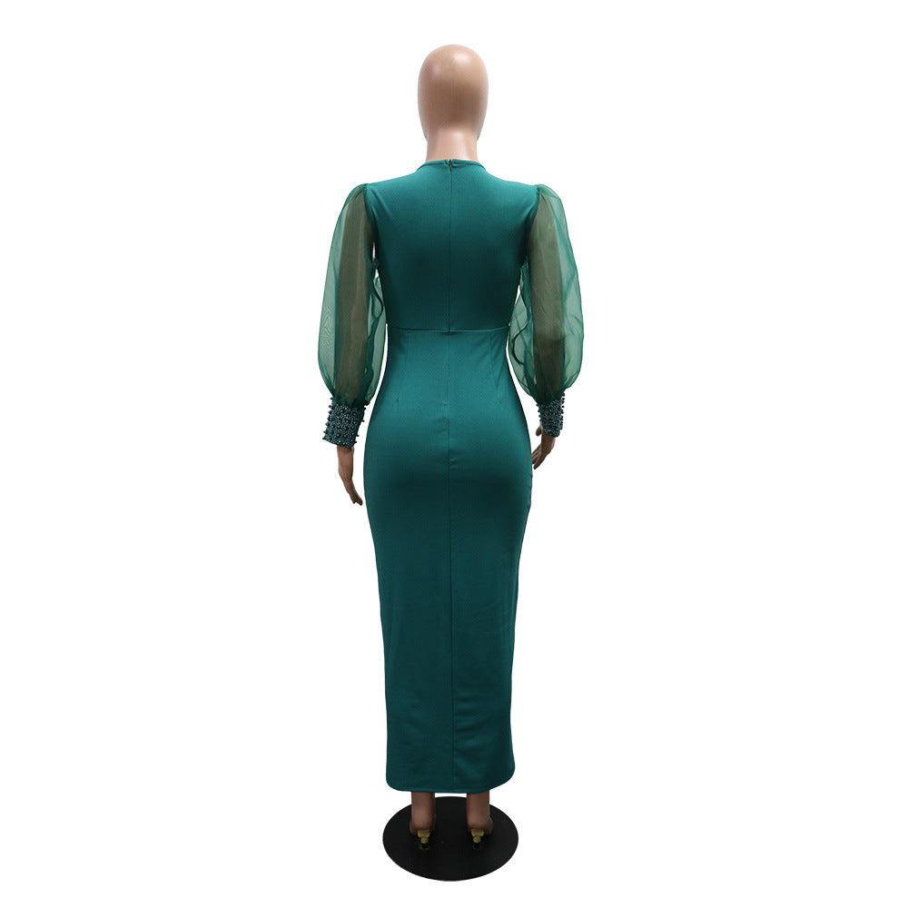 Robe longue à manches bouffantes et col en V