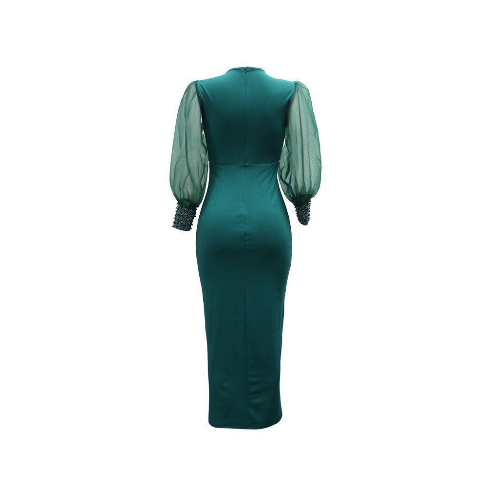 Robe longue à manches bouffantes et col en V