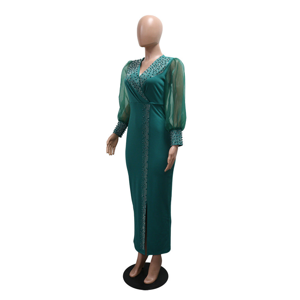 Robe longue à manches bouffantes et col en V