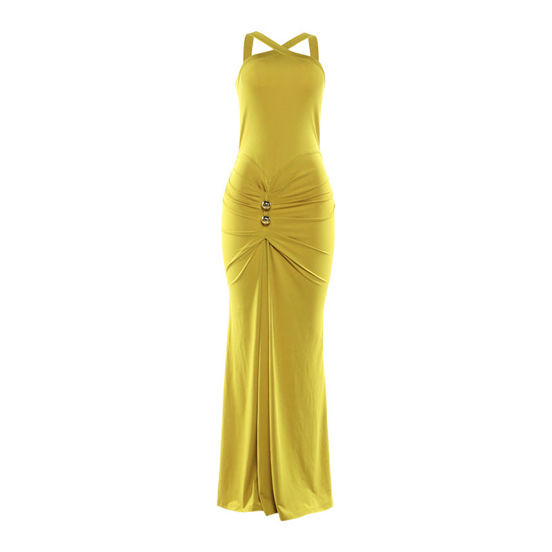 Robe sirène plissée à col halter croisé