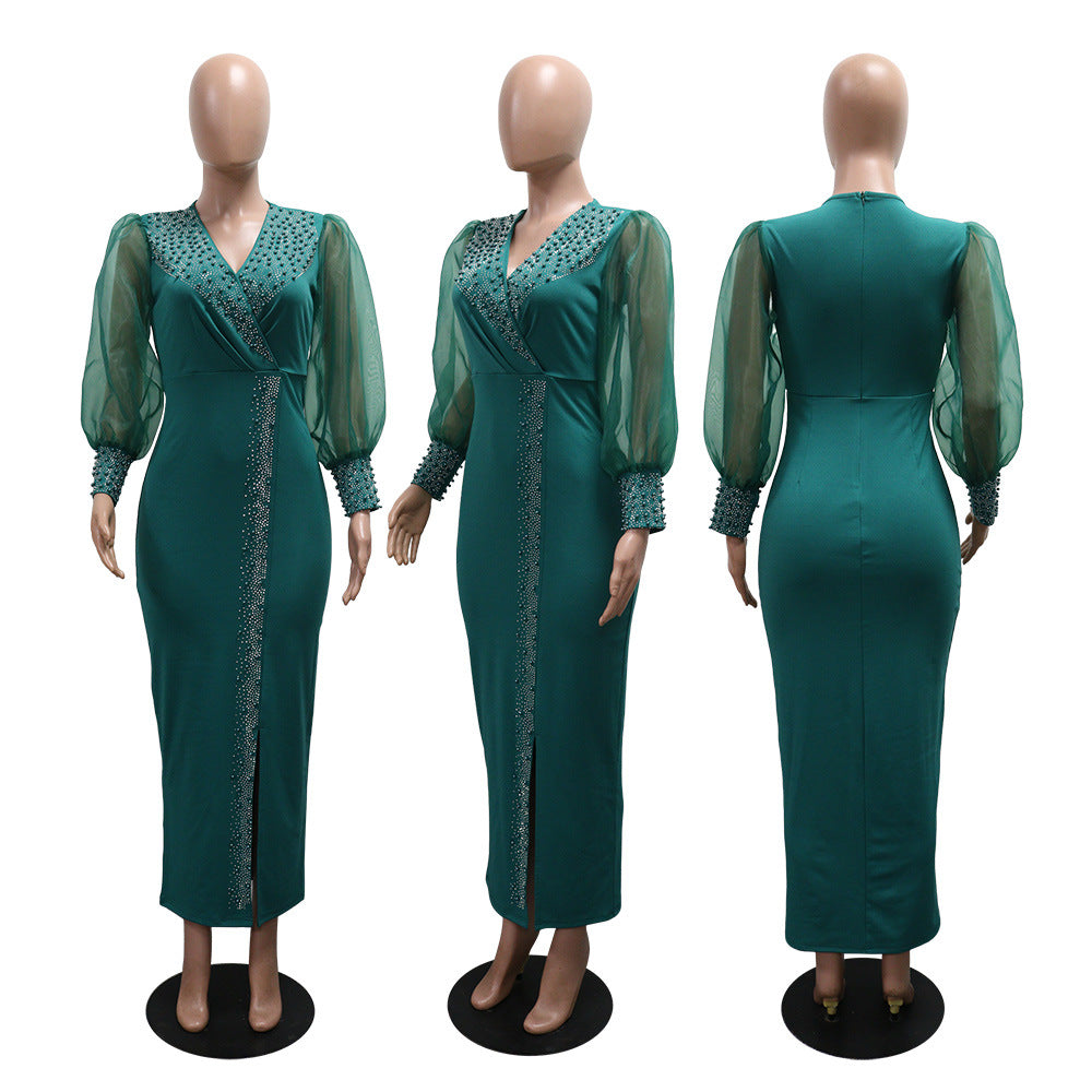 Robe longue à manches bouffantes et col en V