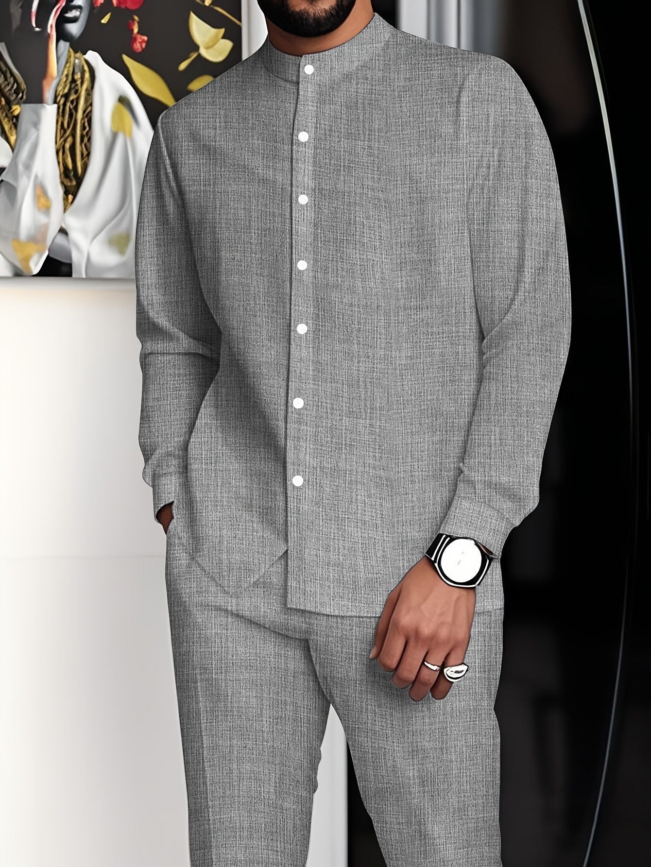 Ensemble chemise à col montant et pantalon long