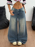 Jean bleu délavé à jambes larges, style streetwear