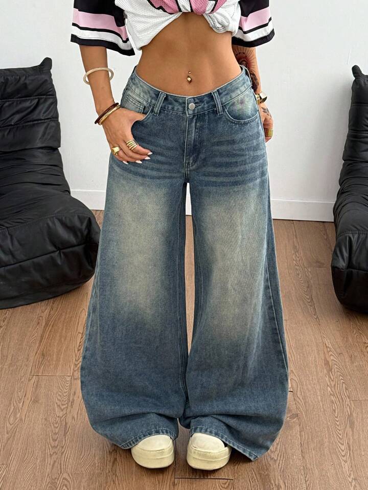 Jean bleu délavé à jambes larges, style streetwear