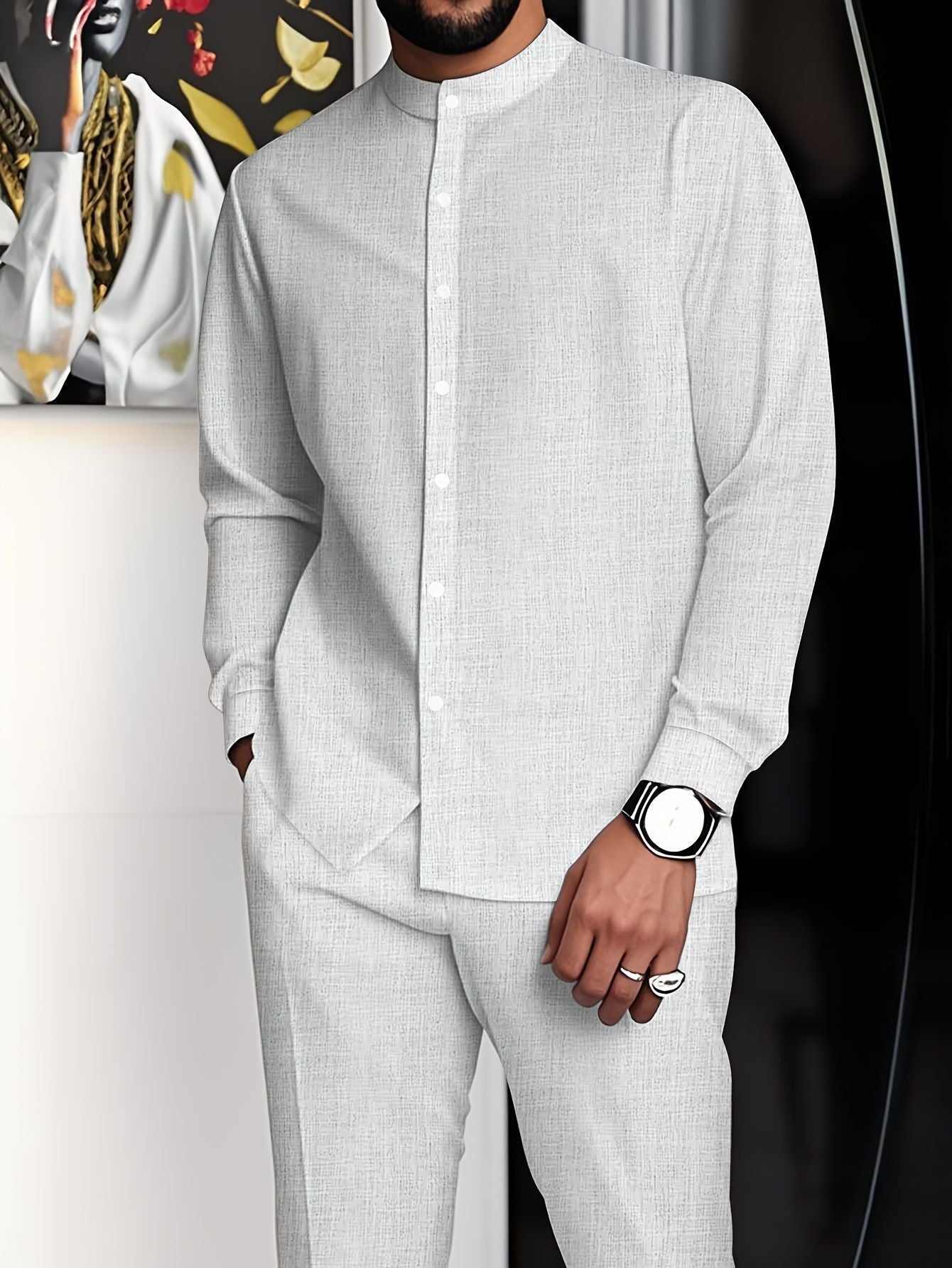 Ensemble chemise à col montant et pantalon long