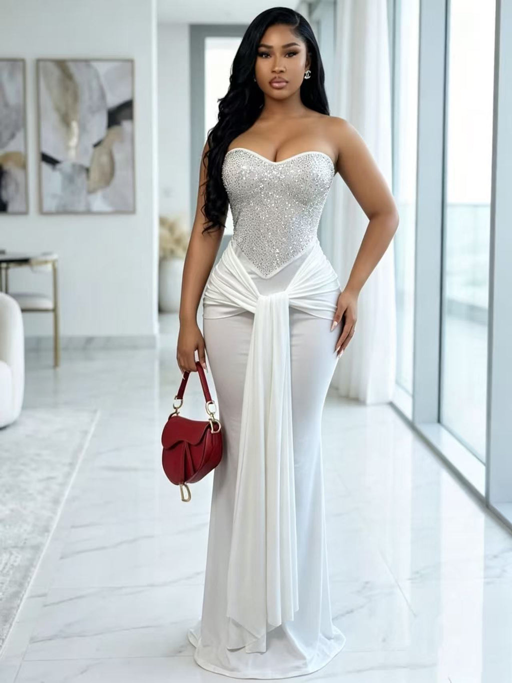 Robe longue sirène à volants