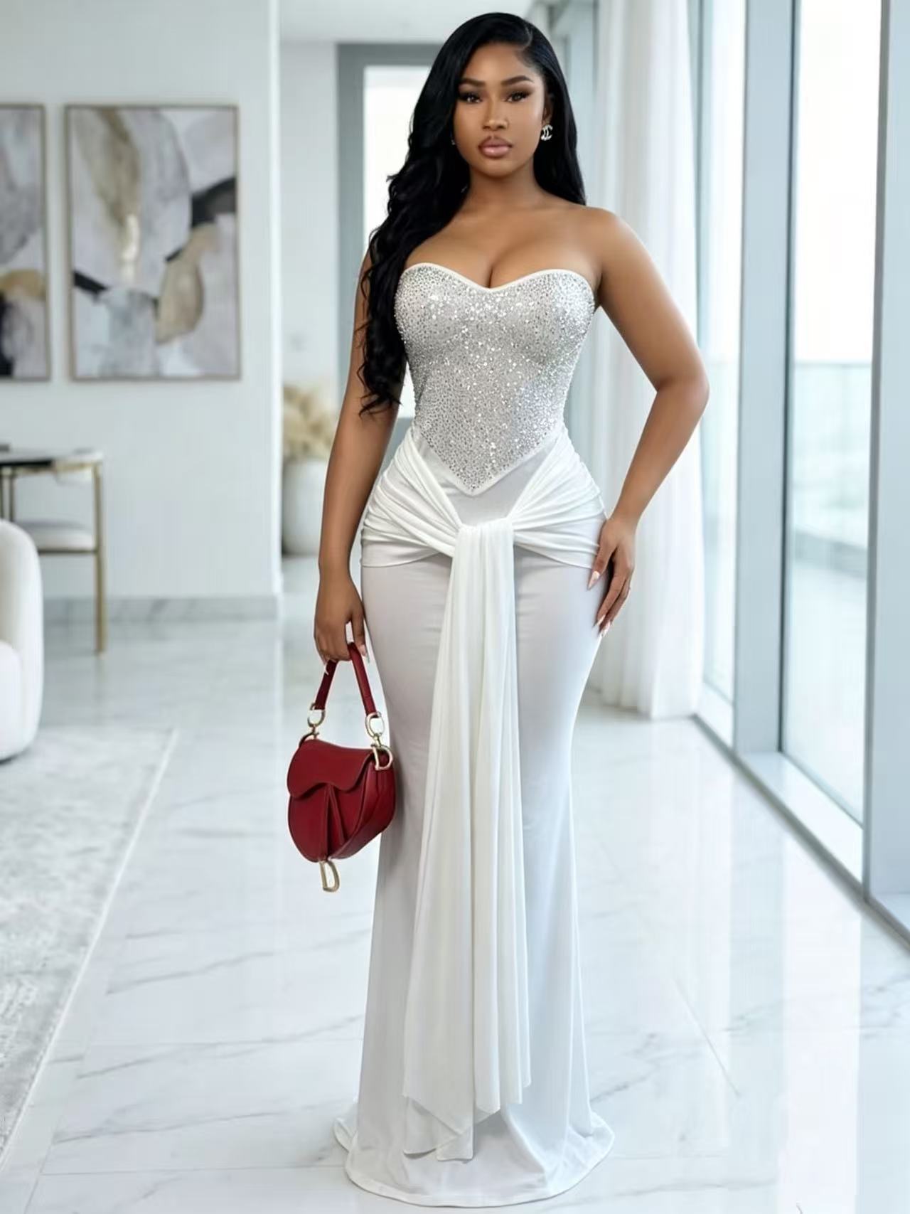 Robe longue sirène à volants