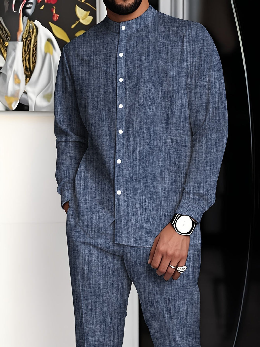 Ensemble chemise à col montant et pantalon long