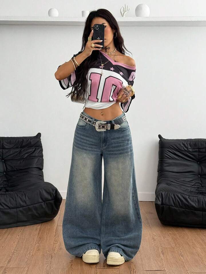 Jean bleu délavé à jambes larges, style streetwear