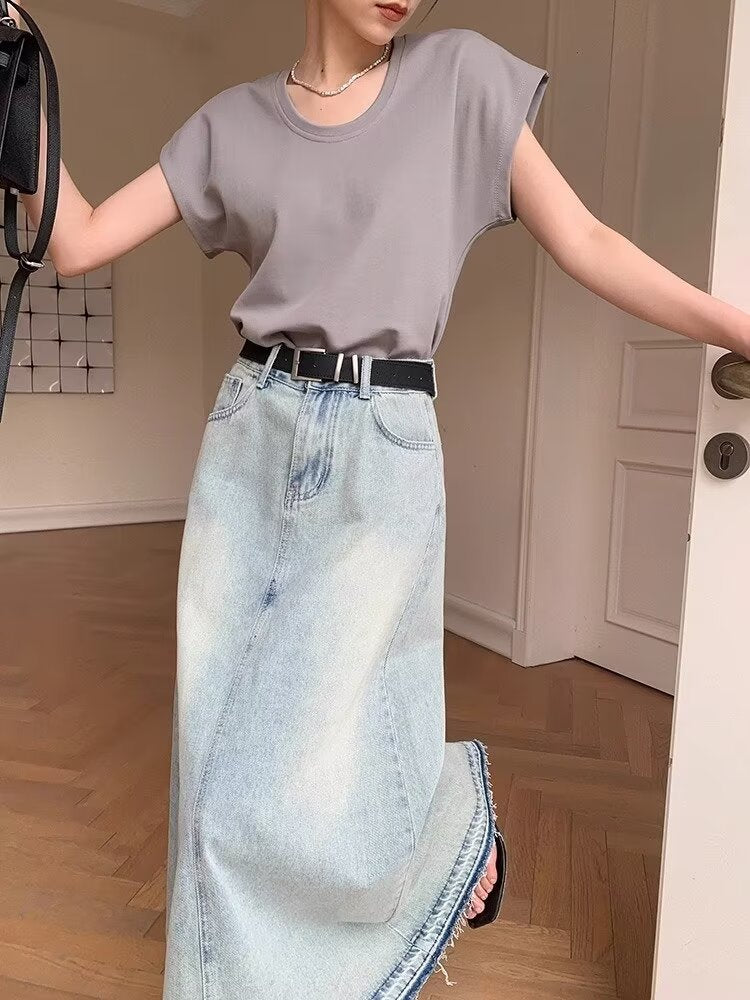 Jupe longue en jean bleu clair délavé style rétro