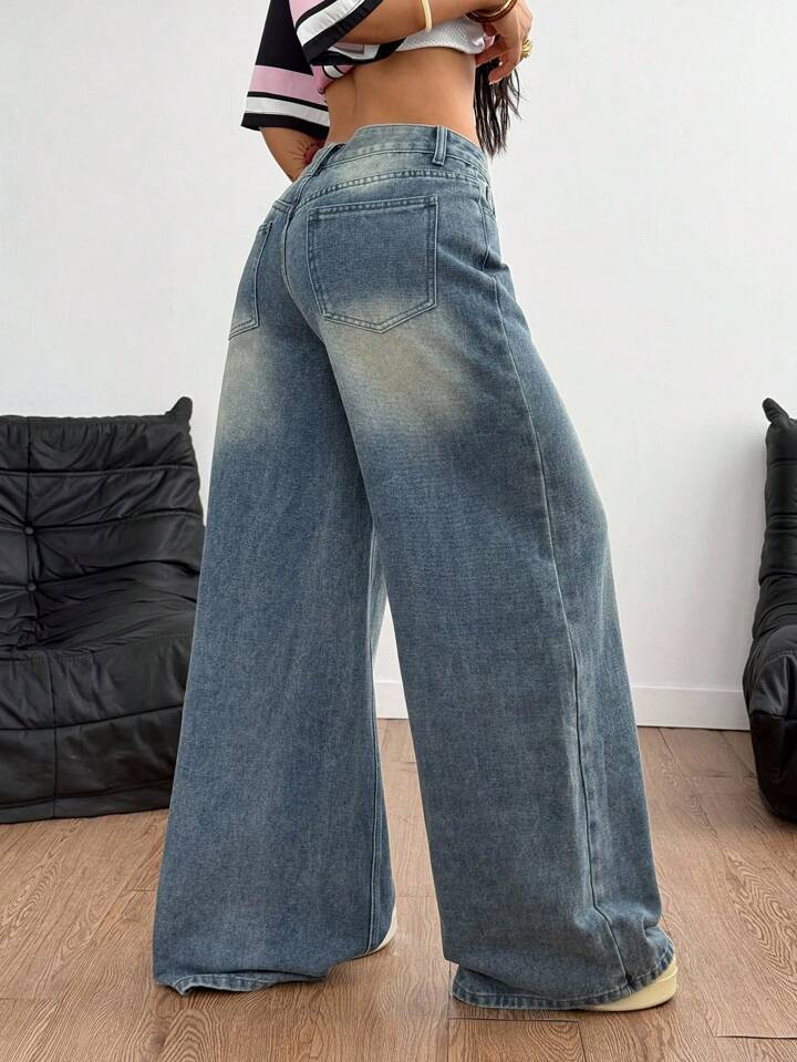 Jean bleu délavé à jambes larges, style streetwear