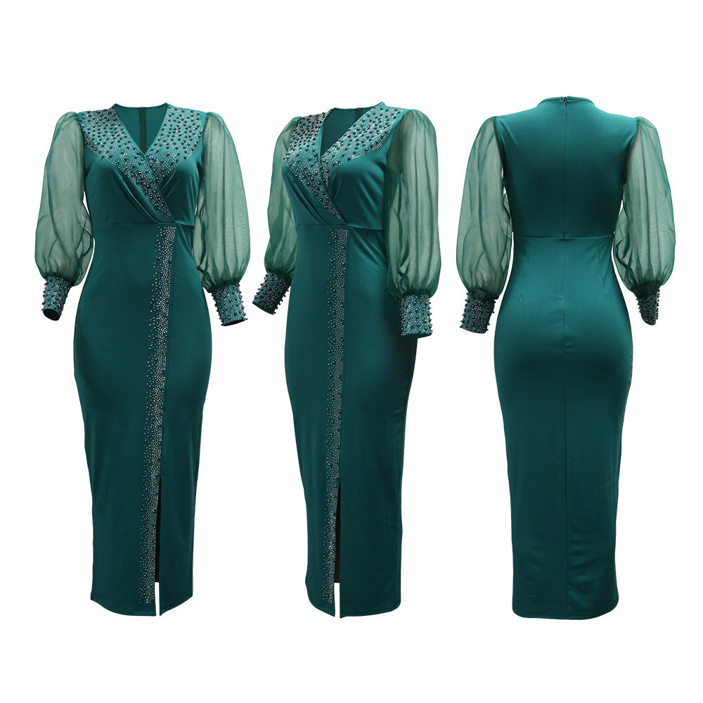 Robe longue à manches bouffantes et col en V