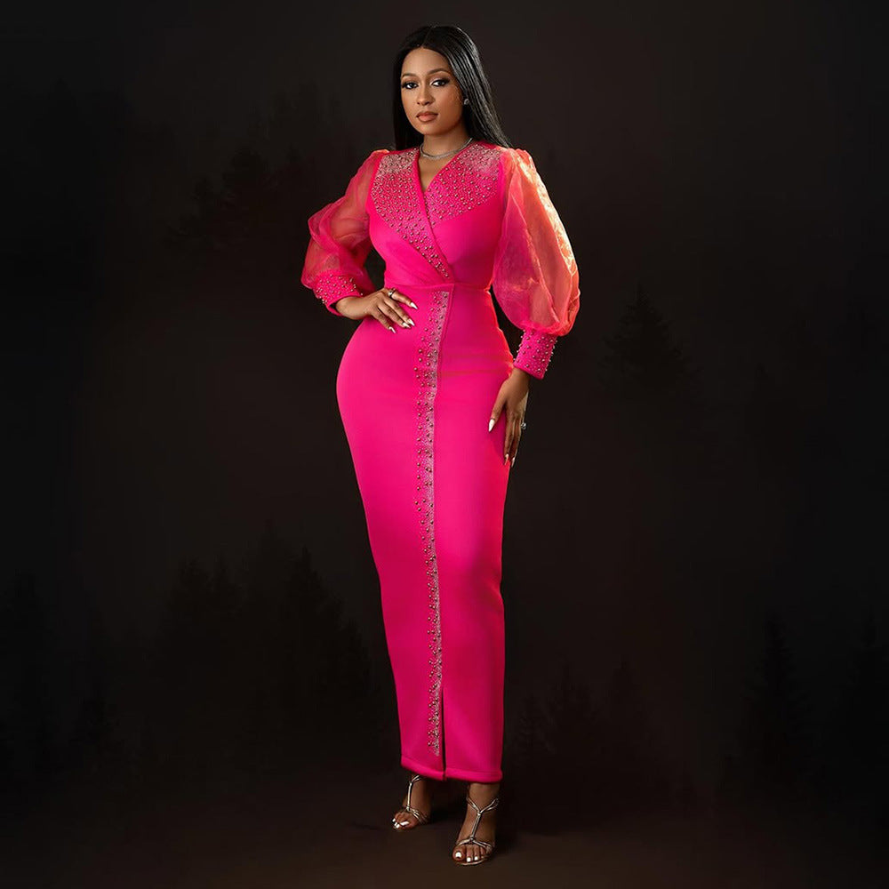 Robe longue à manches bouffantes et col en V