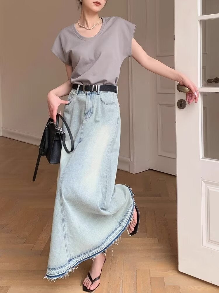 Jupe longue en jean bleu clair délavé style rétro