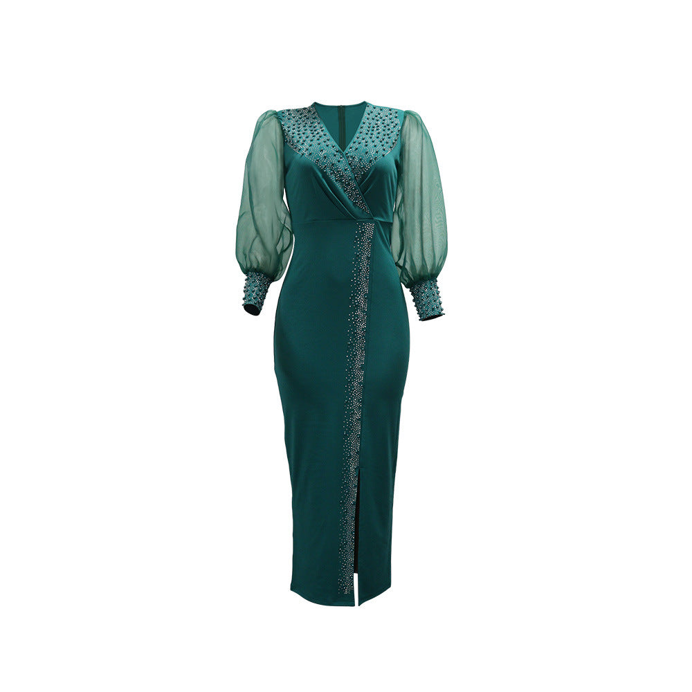 Robe longue à manches bouffantes et col en V