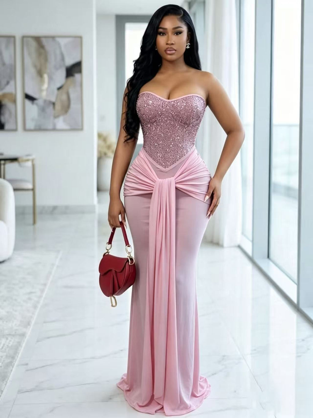 Robe longue sirène à volants