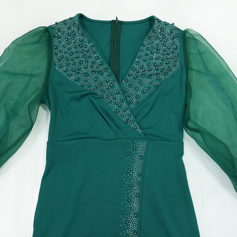 Robe longue à manches bouffantes et col en V