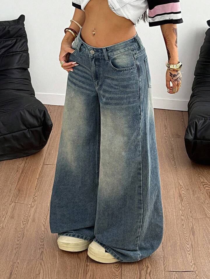Jean bleu délavé à jambes larges, style streetwear