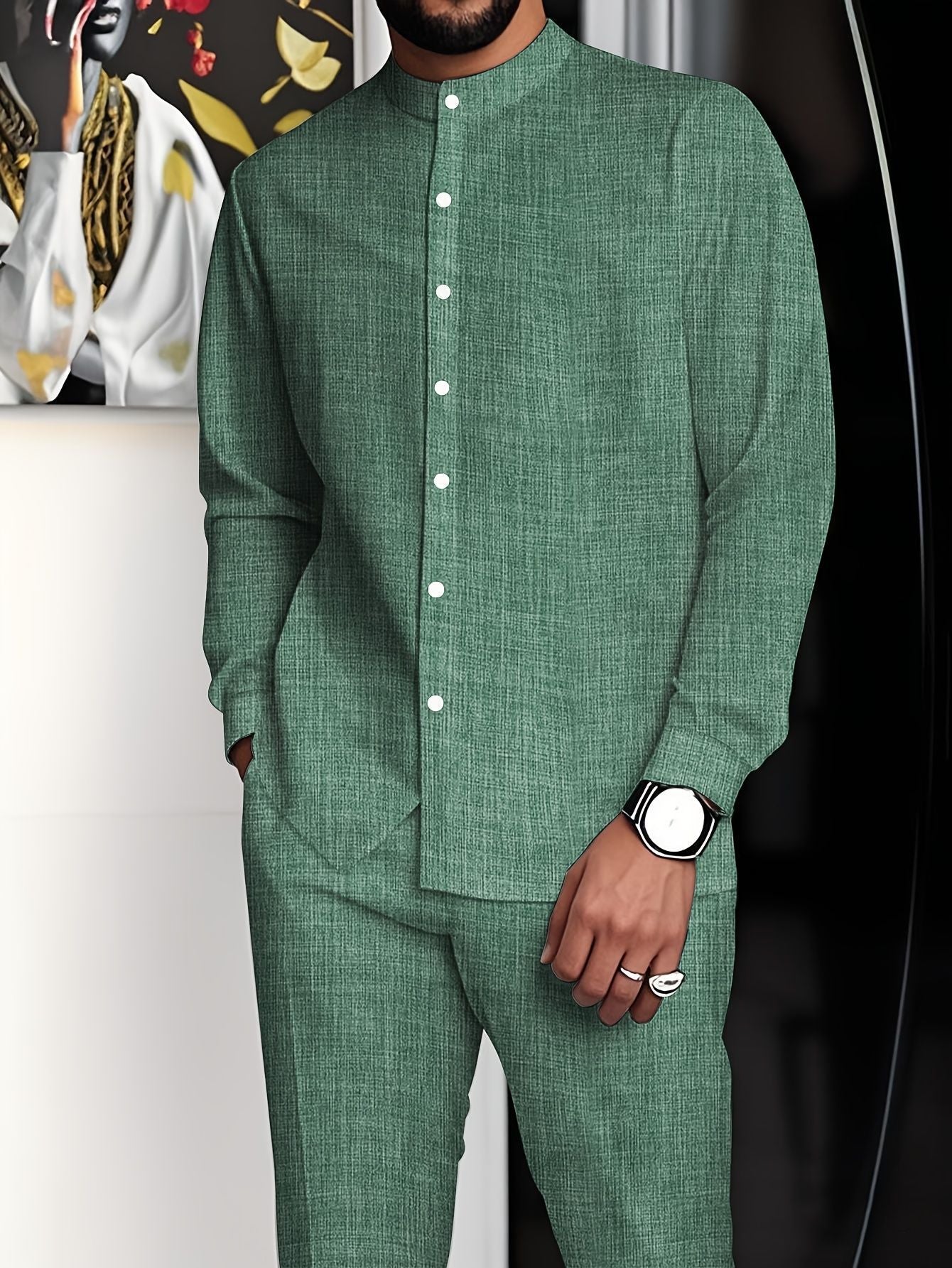 Ensemble chemise à col montant et pantalon long