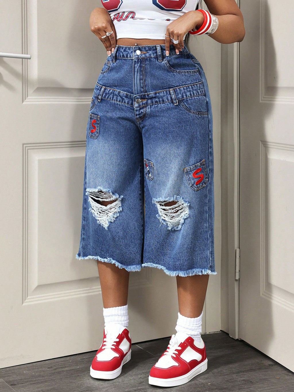 Pantalon Capri en jean déchiré