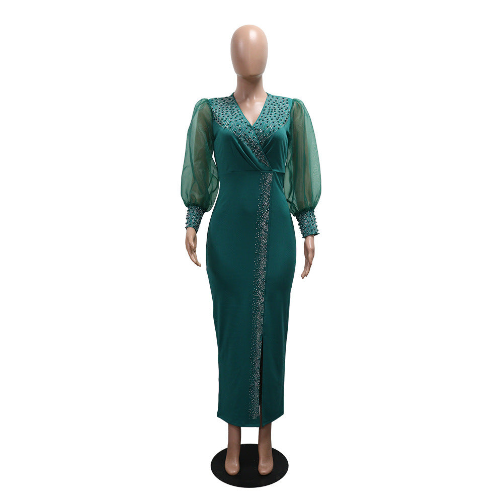 Robe longue à manches bouffantes et col en V
