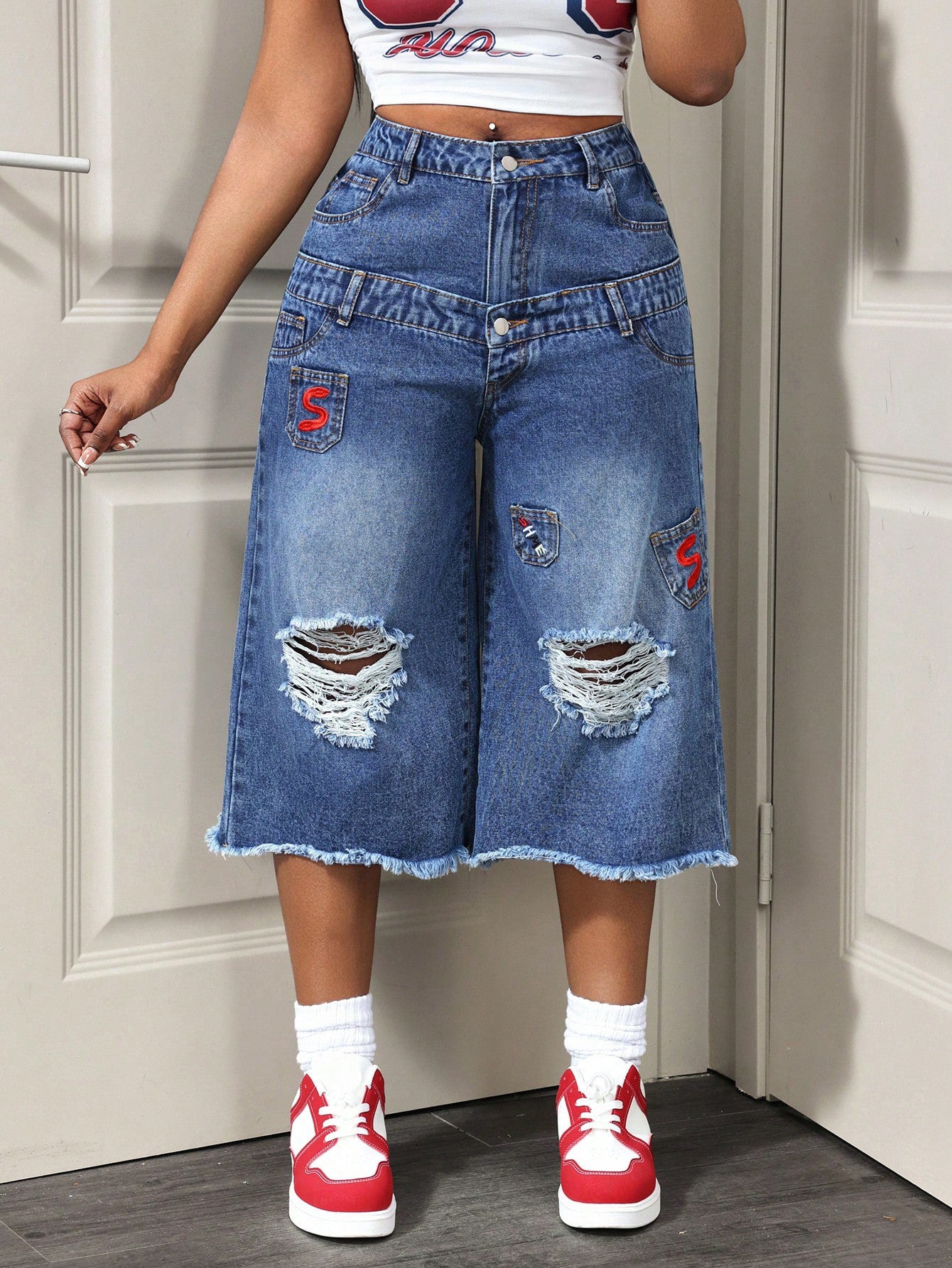 Pantalon Capri en jean déchiré