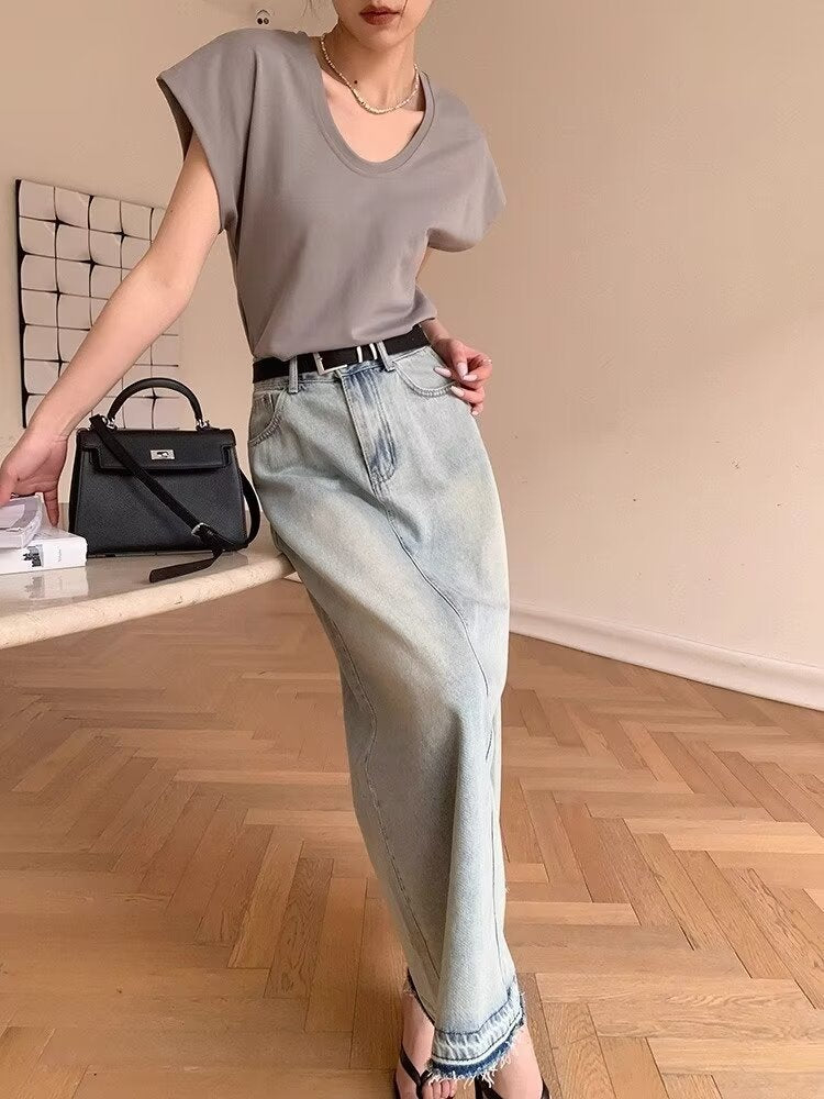 Jupe longue en jean bleu clair délavé style rétro