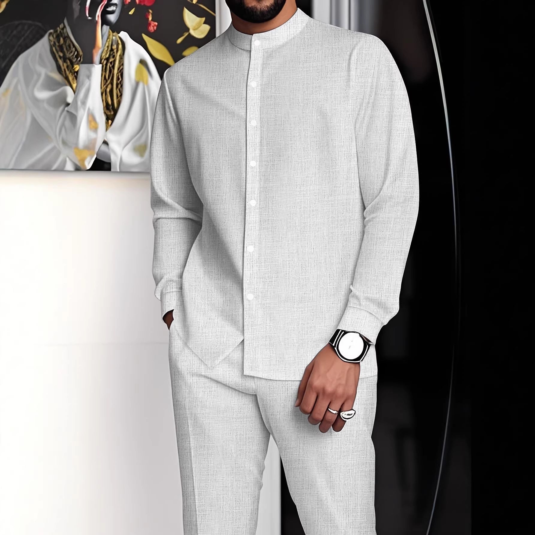 Ensemble chemise à col montant et pantalon long